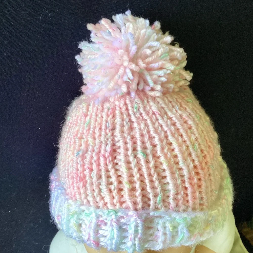 Beanie Pom Pom Hand Crafted Pastel Knit Pink White